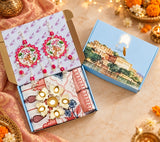 Diwali Complete Gift Box | 1 Ethnic Motifs Double Bedsheet with 2 Pillow Covers, 1 Lotus Urli, Set of 2 Door Hangings