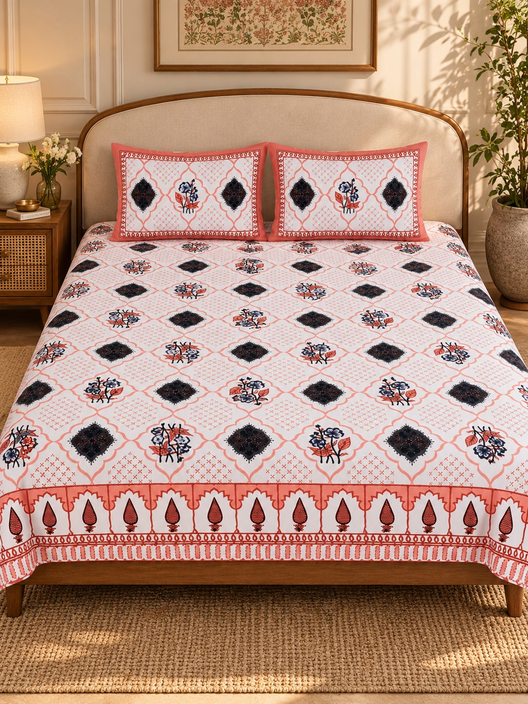 Diwali Complete Gift Box | 1 Ethnic Motifs Double Bedsheet with 2 Pillow Covers, 1 Lotus Urli, Set of 2 Door Hangings