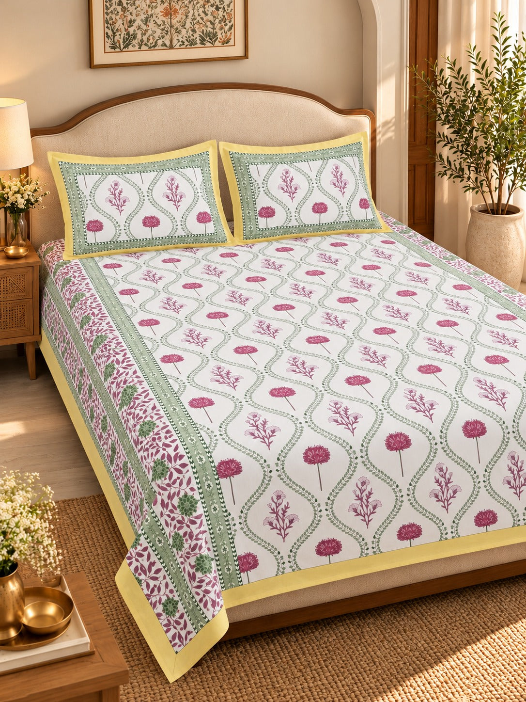 Diwali Complete Gift Box | 1 Ethnic Motifs Double Bedsheet with 2 Pillow Covers, 1 Lotus Urli, Set of 2 Door Hangings