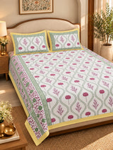 Diwali Complete Gift Box | 1 Ethnic Motifs Double Bedsheet with 2 Pillow Covers, 1 Lotus Urli, Set of 2 Door Hangings