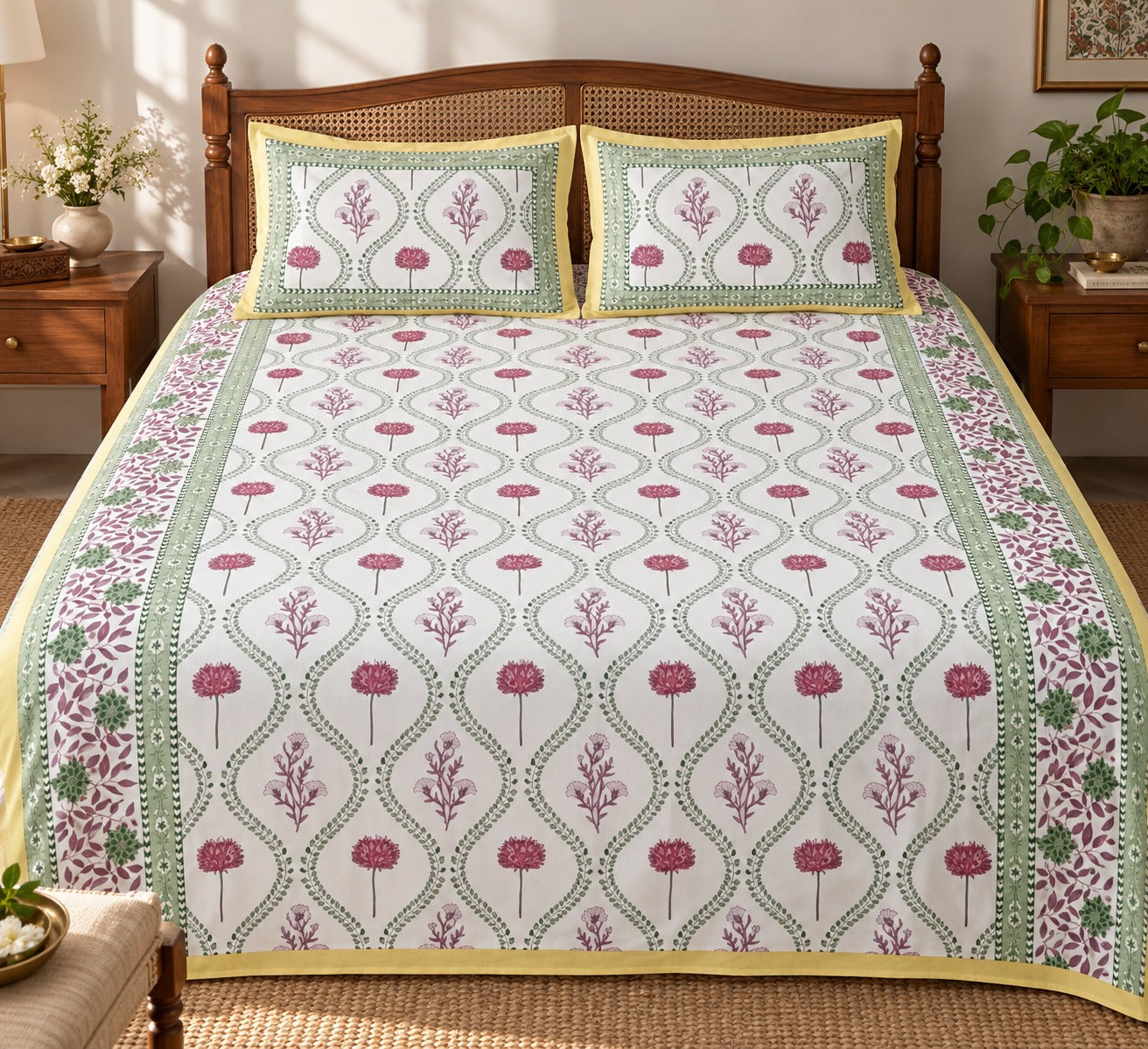 Diwali Complete Gift Box | 1 Ethnic Motifs Double Bedsheet with 2 Pillow Covers, 1 Lotus Urli, Set of 2 Door Hangings