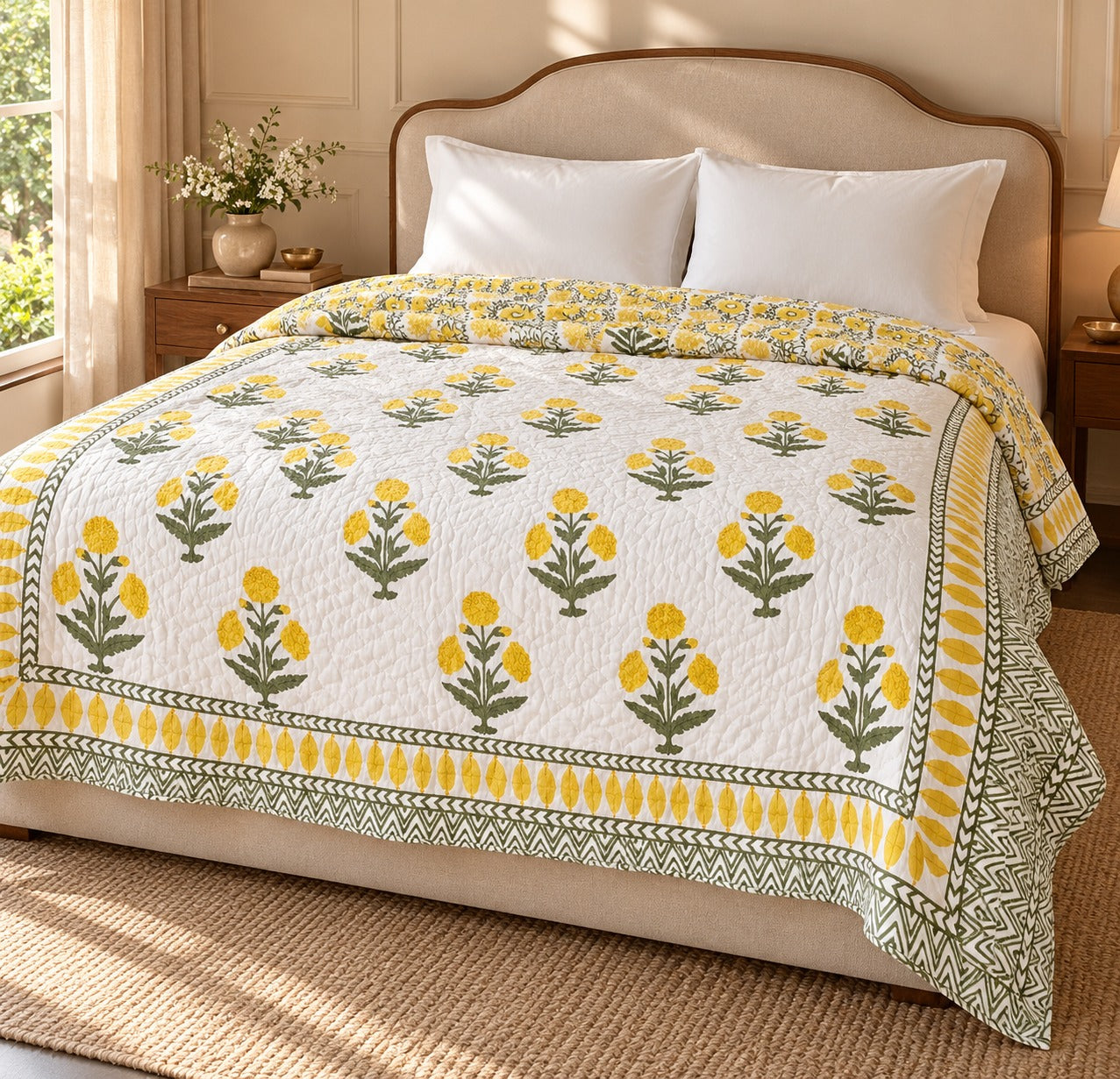 Double King Size Handblock Printed Quilted Jaipuri Reversible Razai/Quilt