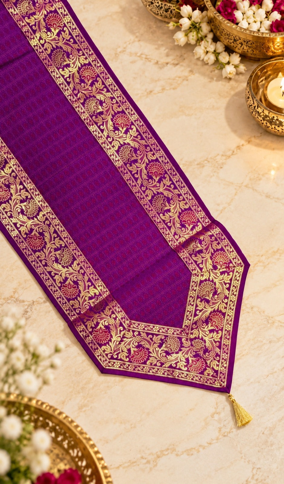Diwali Gift Box with Banarasi Zari Table Runner, Set Of 6 Mats, 6 coaster, 6 inch Metal Urli