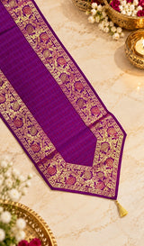 Diwali Gift Box with Banarasi Zari Table Runner, Set Of 6 Mats, 6 coaster, 6 inch Metal Urli