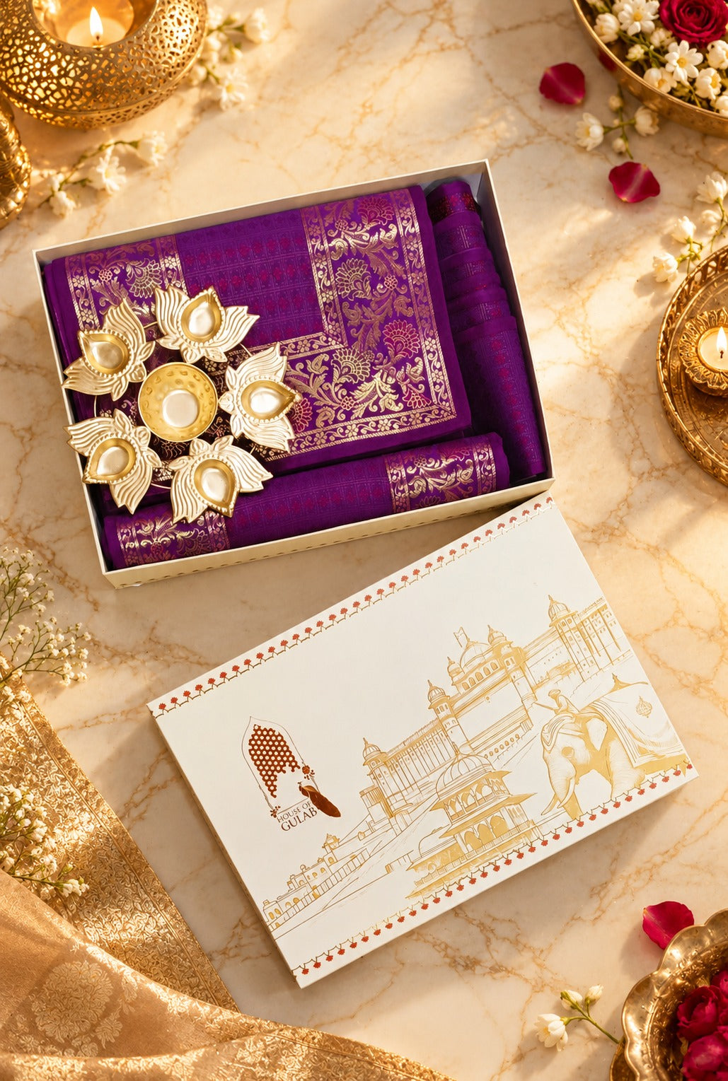 Diwali Gift Box with Banarasi Zari Table Runner, Set Of 6 Mats, 6 coaster, 6 inch Metal Urli