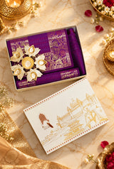 Diwali Gift Box with Banarasi Zari Table Runner, Set Of 6 Mats, 6 coaster, 6 inch Metal Urli