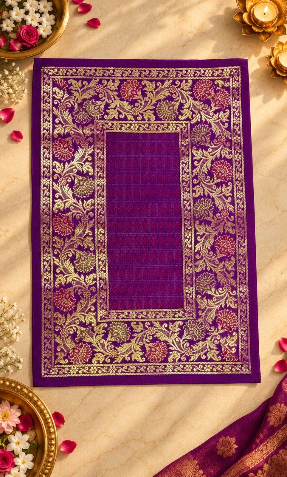 Diwali Gift Box with Banarasi Zari Table Runner, Set Of 6 Mats, 6 coaster, 6 inch Metal Urli