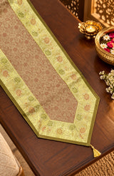 Diwali Gift Box with Banarasi Zari Table Runner, Set Of 6 Mats, 6 coaster, 6 inch Metal Urli