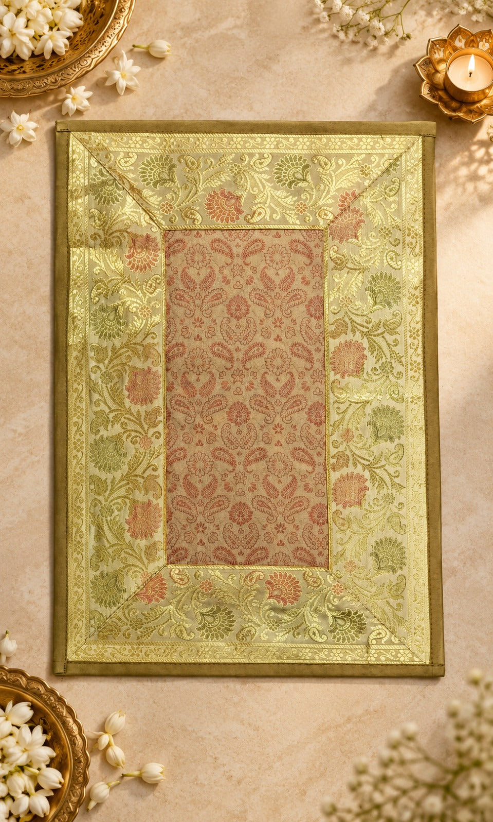Diwali Gift Box with Banarasi Zari Table Runner, Set Of 6 Mats, 6 coaster, 6 inch Metal Urli
