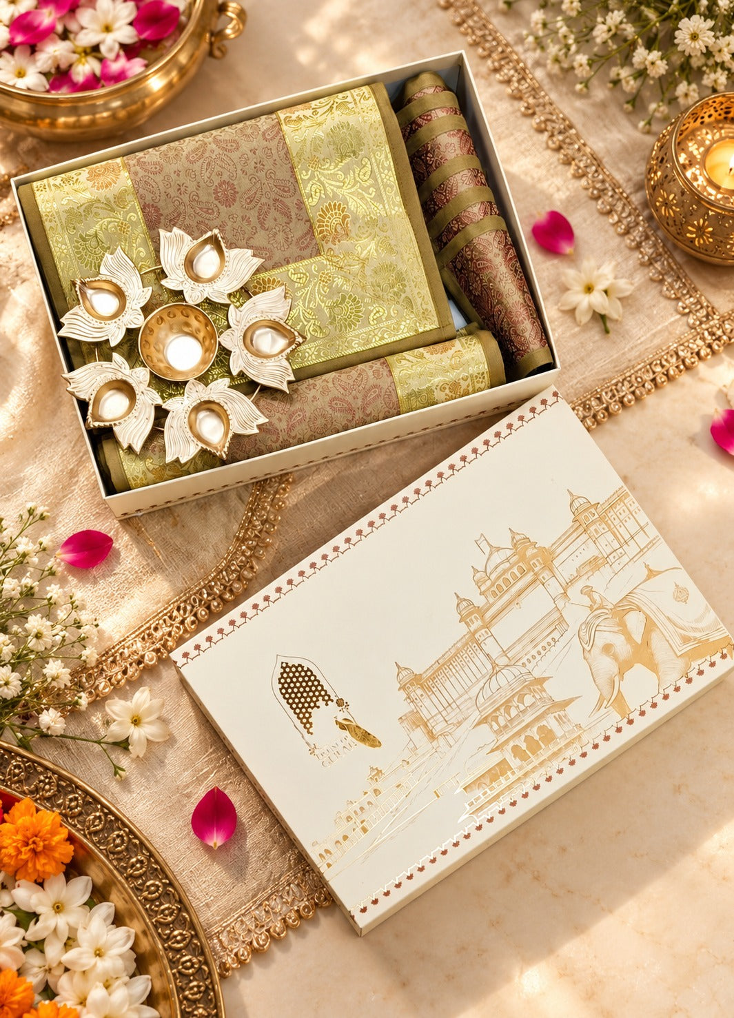 Diwali Gift Box with Banarasi Zari Table Runner, Set Of 6 Mats, 6 coaster, 6 inch Metal Urli