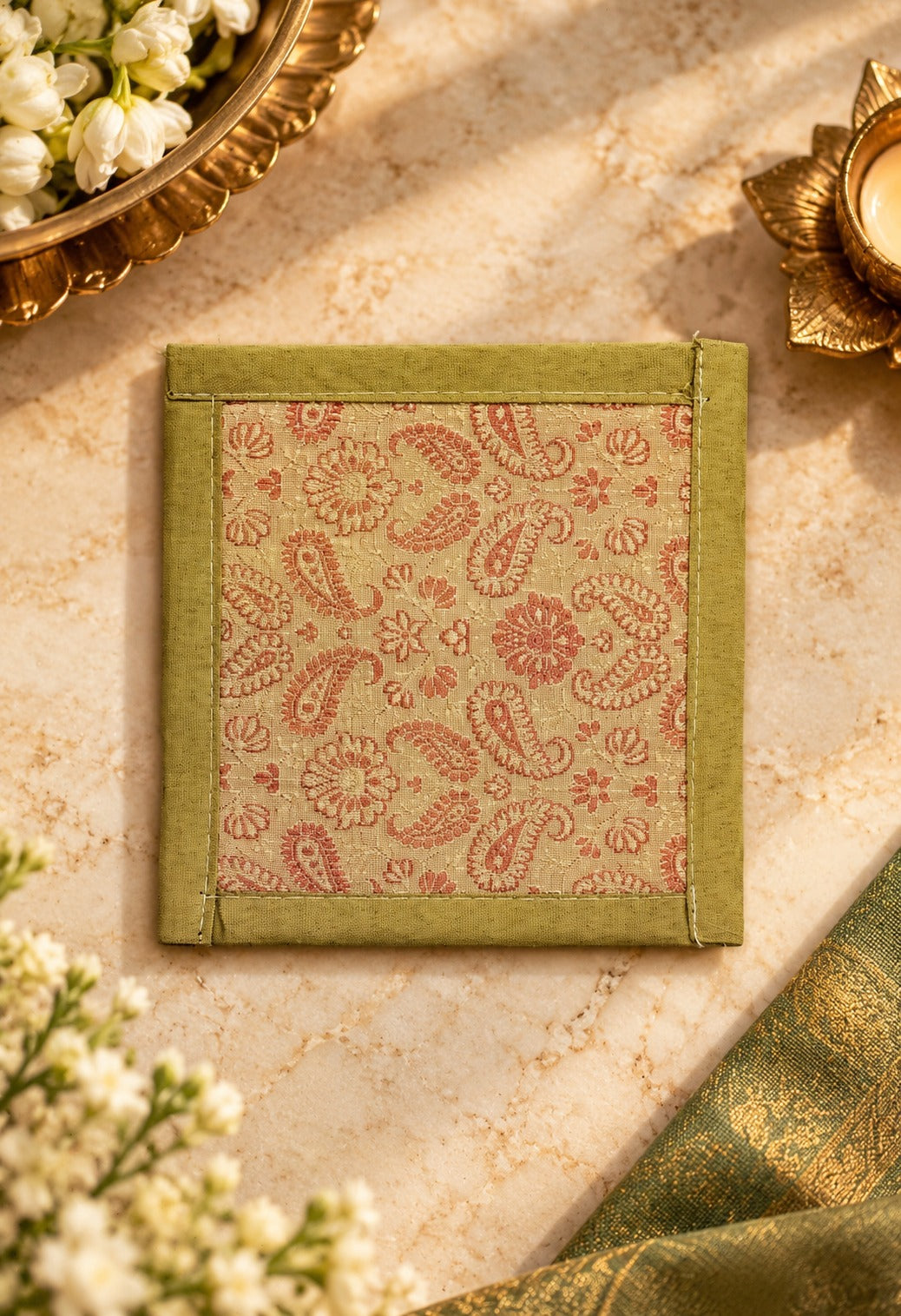 Diwali Gift Box with Banarasi Zari Table Runner, Set Of 6 Mats, 6 coaster, 6 inch Metal Urli