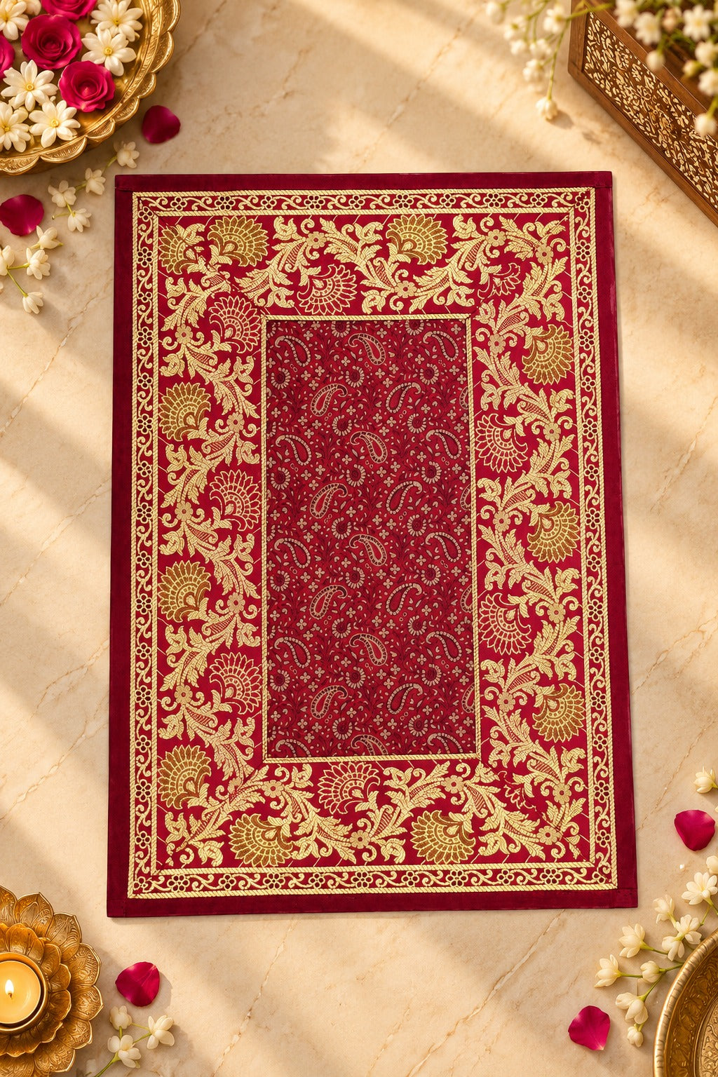 Diwali Gift Box with Banarasi Zari Table Runner, Set Of 6 Mats, 6 coaster, 6 inch Metal Urli