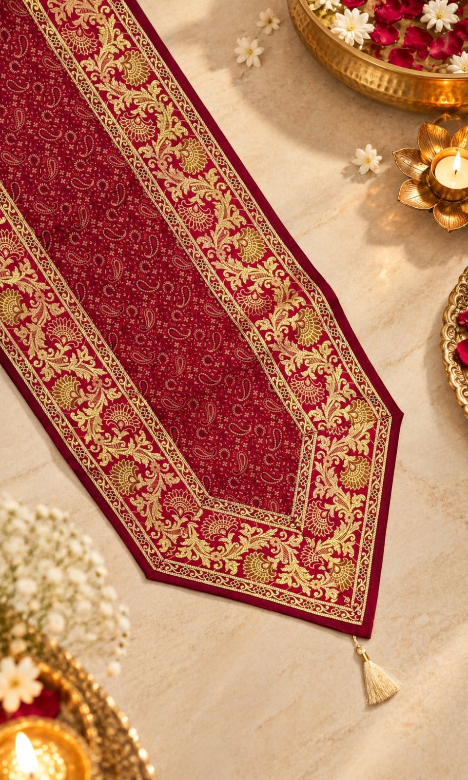 Diwali Gift Box with Banarasi Zari Table Runner, Set Of 6 Mats, 6 coaster, 6 inch Metal Urli