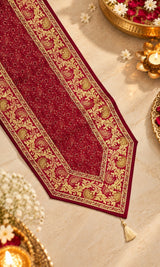Diwali Gift Box with Banarasi Zari Table Runner, Set Of 6 Mats, 6 coaster, 6 inch Metal Urli