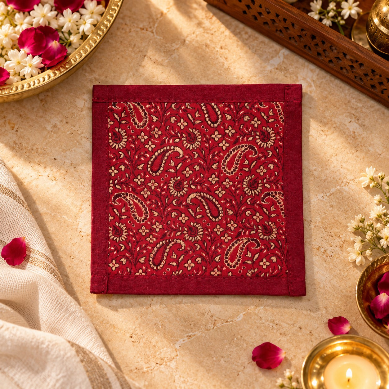 Diwali Gift Box with Banarasi Zari Table Runner, Set Of 6 Mats, 6 coaster, 6 inch Metal Urli