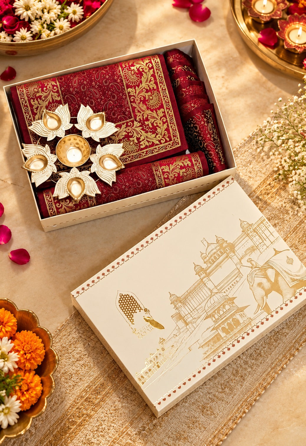Diwali Gift Box with Banarasi Zari Table Runner, Set Of 6 Mats, 6 coaster, 6 inch Metal Urli