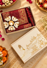 Diwali Gift Box with Banarasi Zari Table Runner, Set Of 6 Mats, 6 coaster, 6 inch Metal Urli
