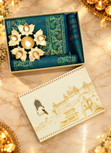 Diwali Gift Box with Banarasi Zari Table Runner, Set Of 6 Mats, 6 coaster, 6 inch Metal Urli
