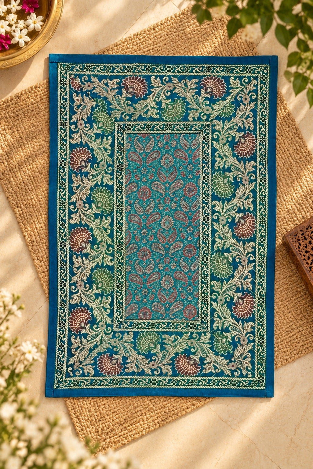 Diwali Gift Box with Banarasi Zari Table Runner, Set Of 6 Mats, 6 coaster, 6 inch Metal Urli