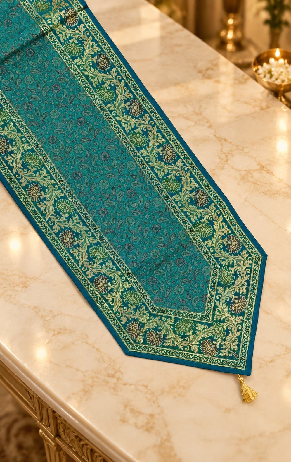 Diwali Gift Box with Banarasi Zari Table Runner, Set Of 6 Mats, 6 coaster, 6 inch Metal Urli