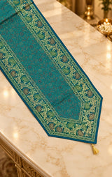Diwali Gift Box with Banarasi Zari Table Runner, Set Of 6 Mats, 6 coaster, 6 inch Metal Urli