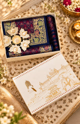Diwali Gift Box with Banarasi Zari Table Runner, Set Of 6 Mats, 6 coaster, 6 inch Metal Urli