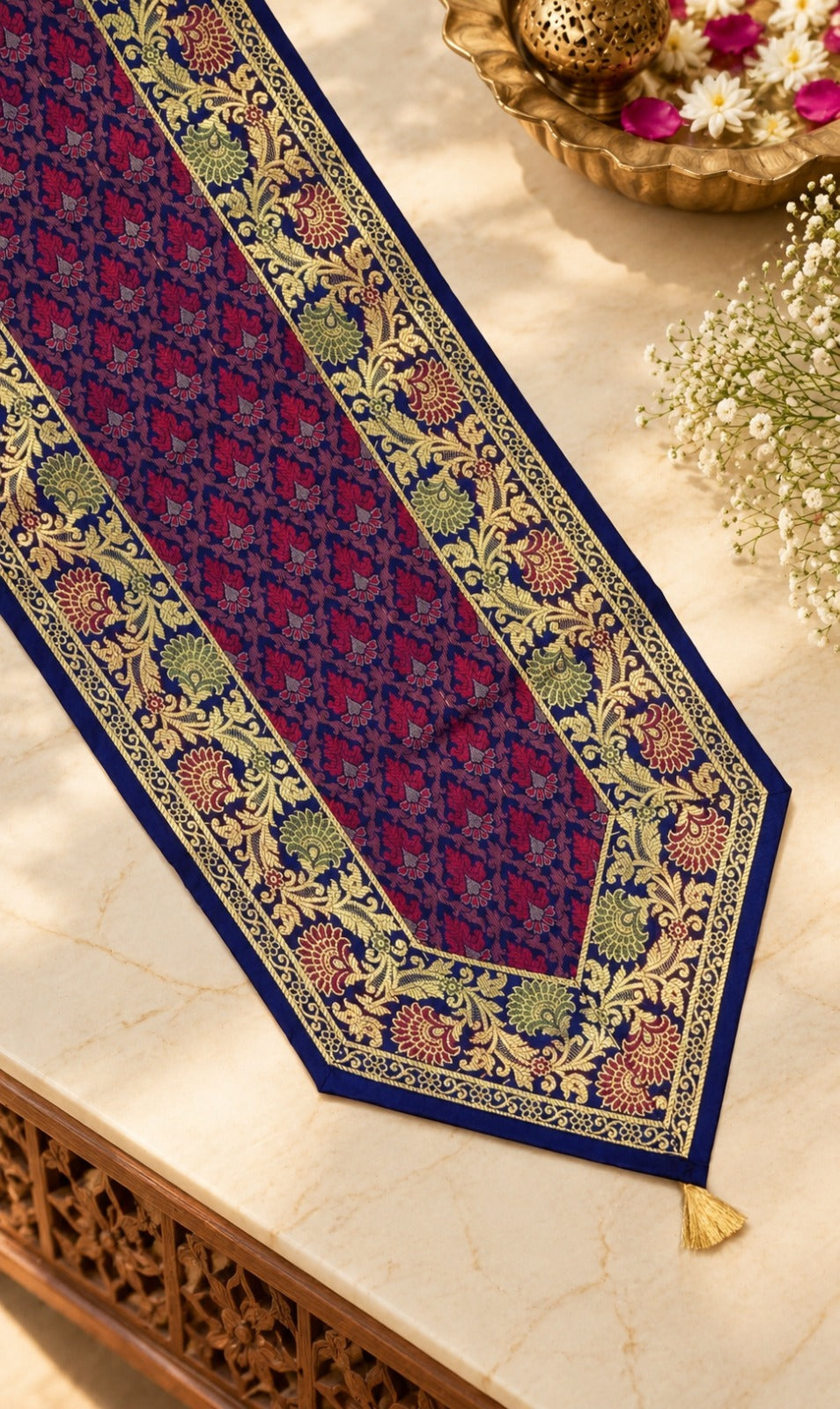 Diwali Gift Box with Banarasi Zari Table Runner, Set Of 6 Mats, 6 coaster, 6 inch Metal Urli