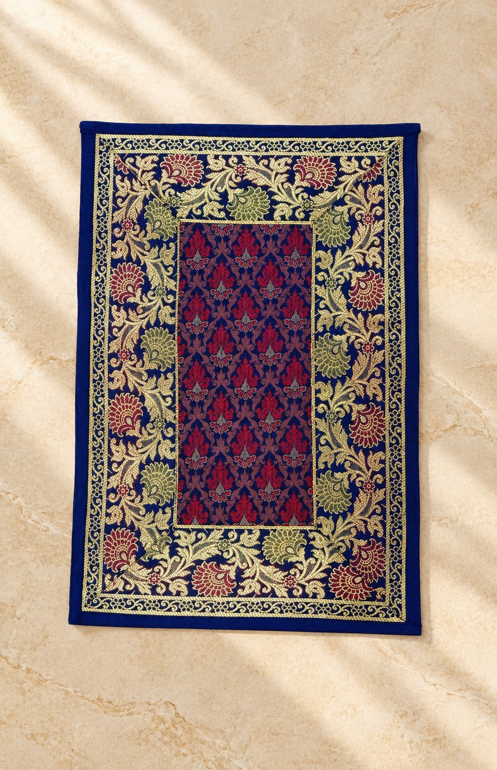 Diwali Gift Box with Banarasi Zari Table Runner, Set Of 6 Mats, 6 coaster, 6 inch Metal Urli