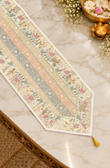 Diwali Gift Box with Banarasi Zari Table Runner, Set Of 6 Mats, 6 coaster, 6 inch Metal Urli