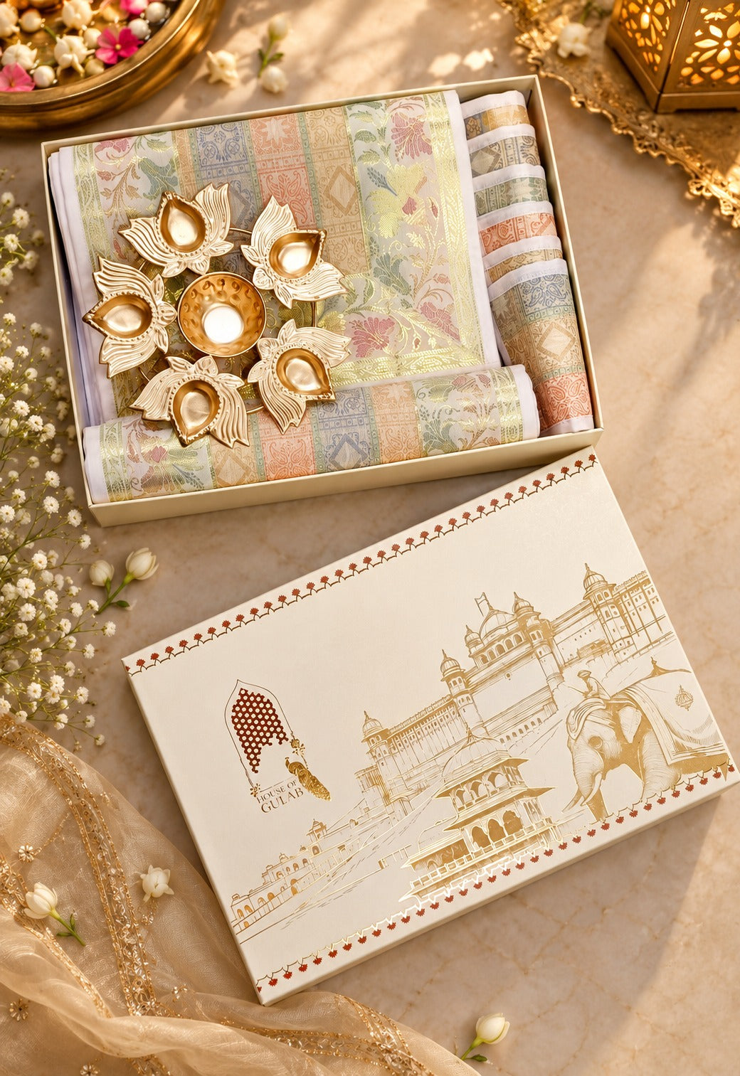 Diwali Gift Box with Banarasi Zari Table Runner, Set Of 6 Mats, 6 coaster, 6 inch Metal Urli