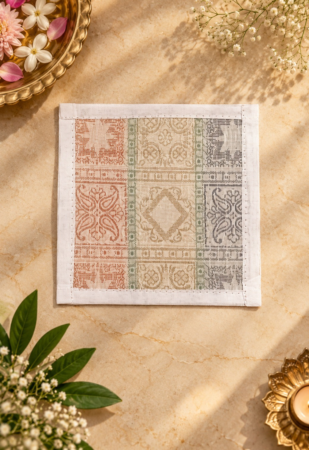 Diwali Gift Box with Banarasi Zari Table Runner, Set Of 6 Mats, 6 coaster, 6 inch Metal Urli