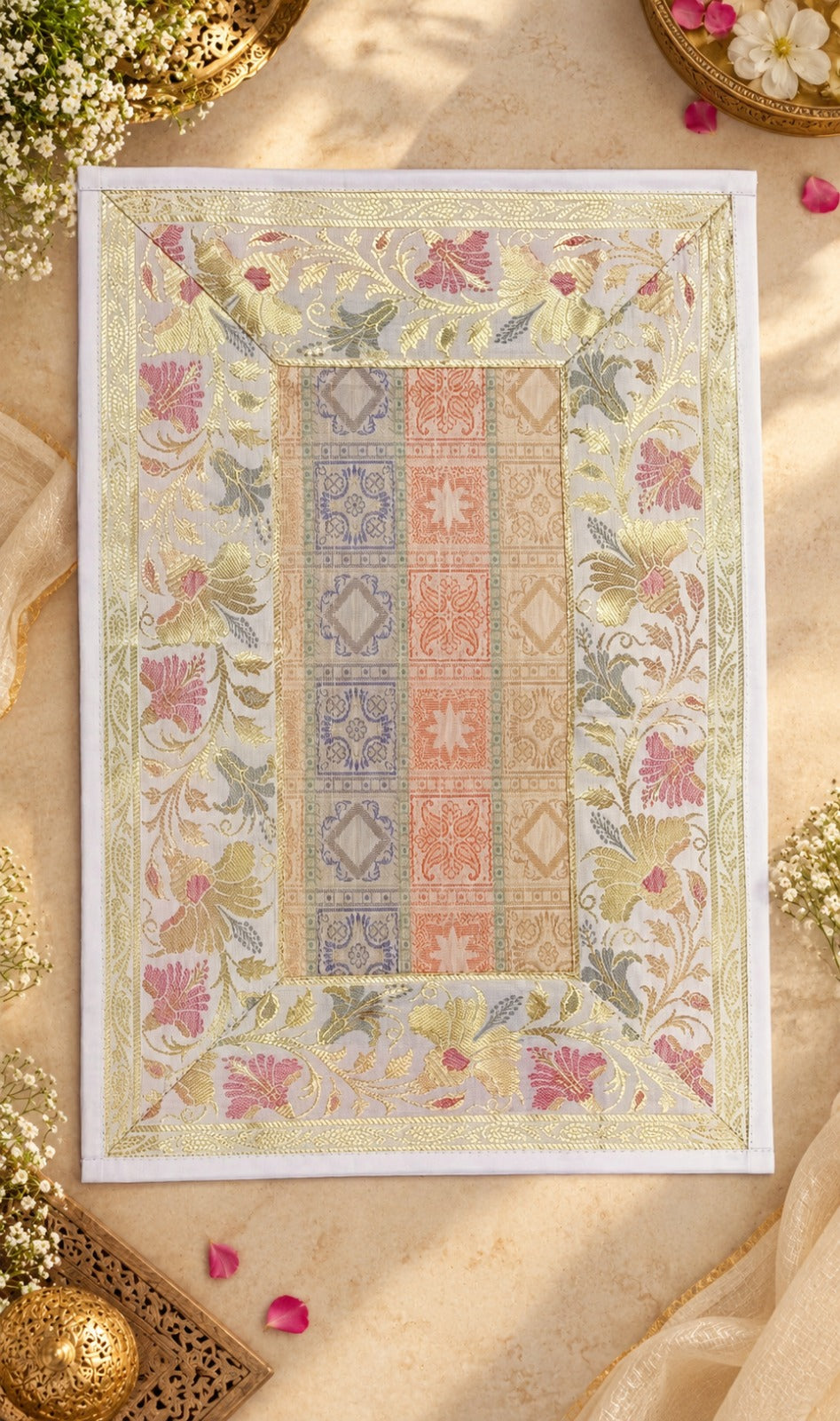 Diwali Gift Box with Banarasi Zari Table Runner, Set Of 6 Mats, 6 coaster, 6 inch Metal Urli