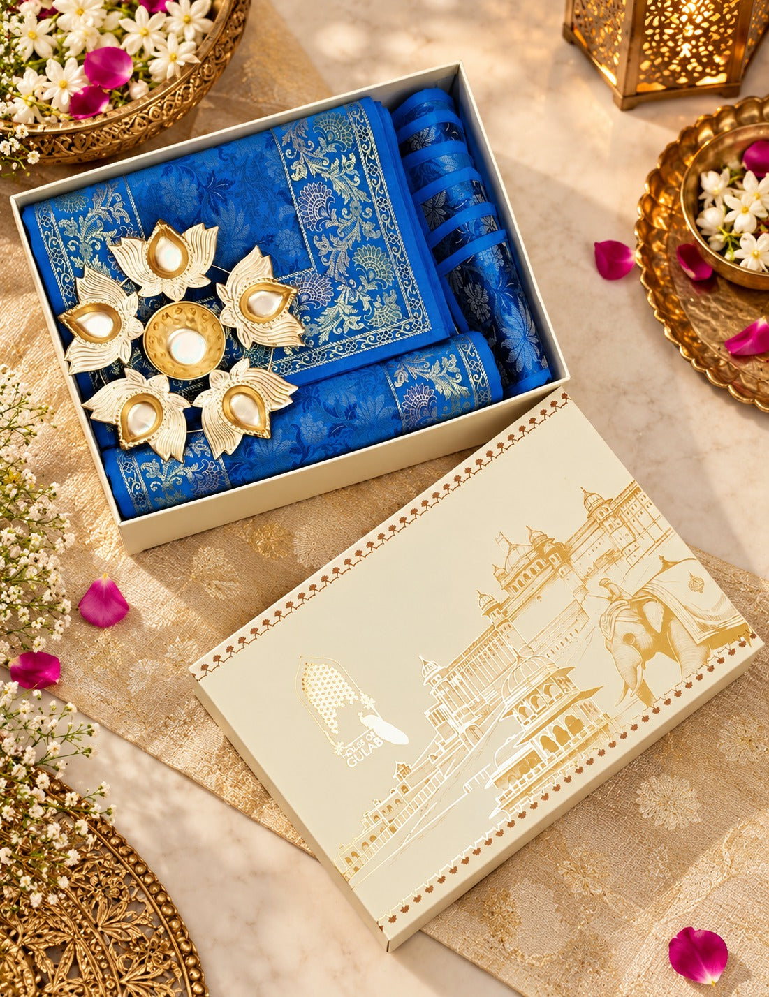 Diwali Gift Box with Banarasi Zari Table Runner, Set Of 6 Mats, 6 coaster, 6 inch Metal Urli