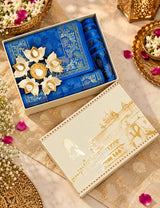 Diwali Gift Box with Banarasi Zari Table Runner, Set Of 6 Mats, 6 coaster, 6 inch Metal Urli