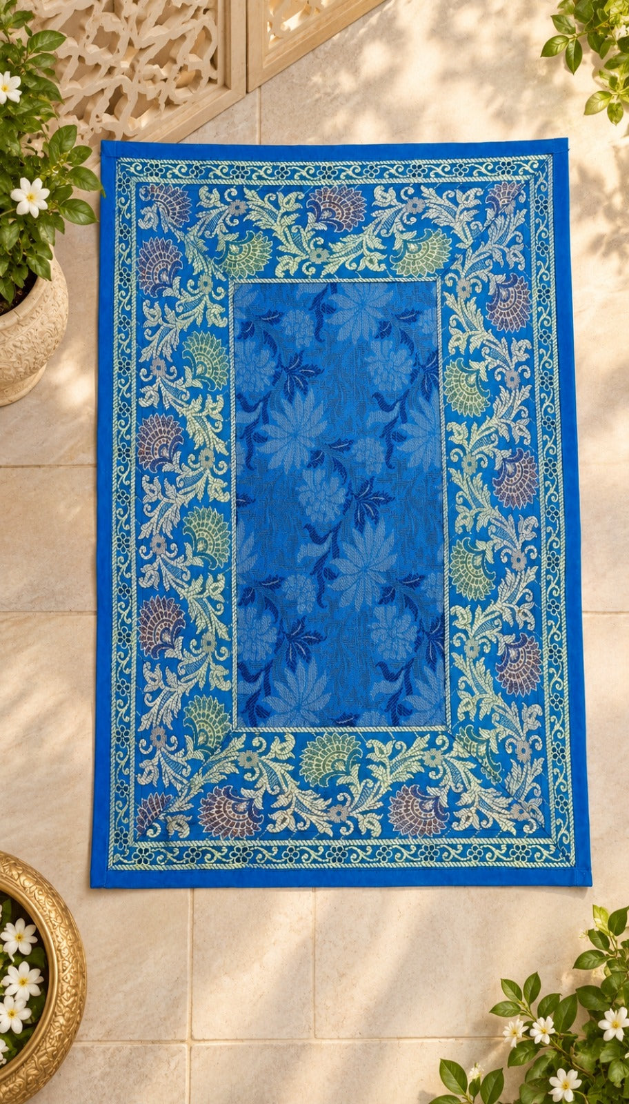 Diwali Gift Box with Banarasi Zari Table Runner, Set Of 6 Mats, 6 coaster, 6 inch Metal Urli