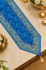 Diwali Gift Box with Banarasi Zari Table Runner, Set Of 6 Mats, 6 coaster, 6 inch Metal Urli