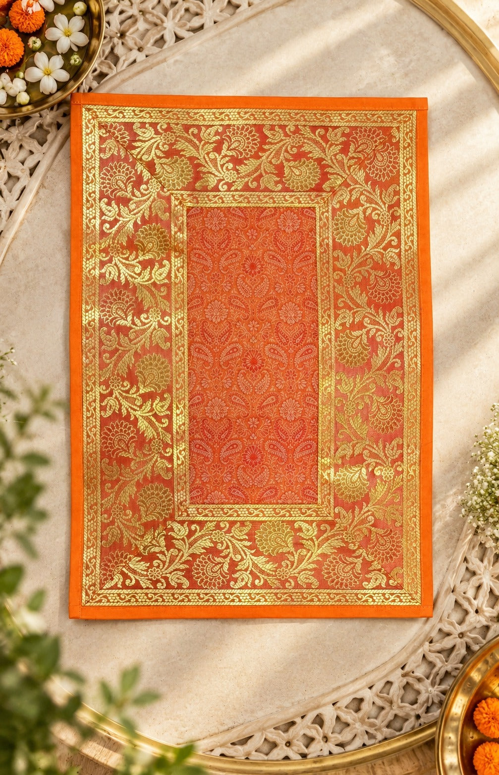 Diwali Gift Box with Banarasi Zari Table Runner, Set Of 6 Mats, 6 coaster, 6 inch Metal Urli