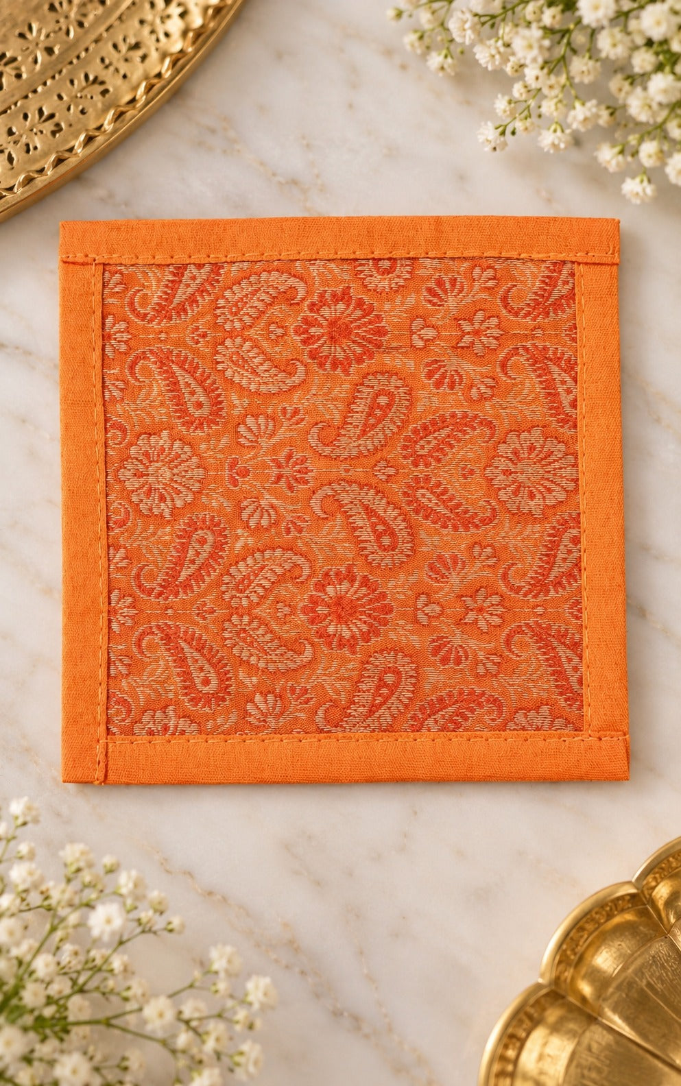 Diwali Gift Box with Banarasi Zari Table Runner, Set Of 6 Mats, 6 coaster, 6 inch Metal Urli