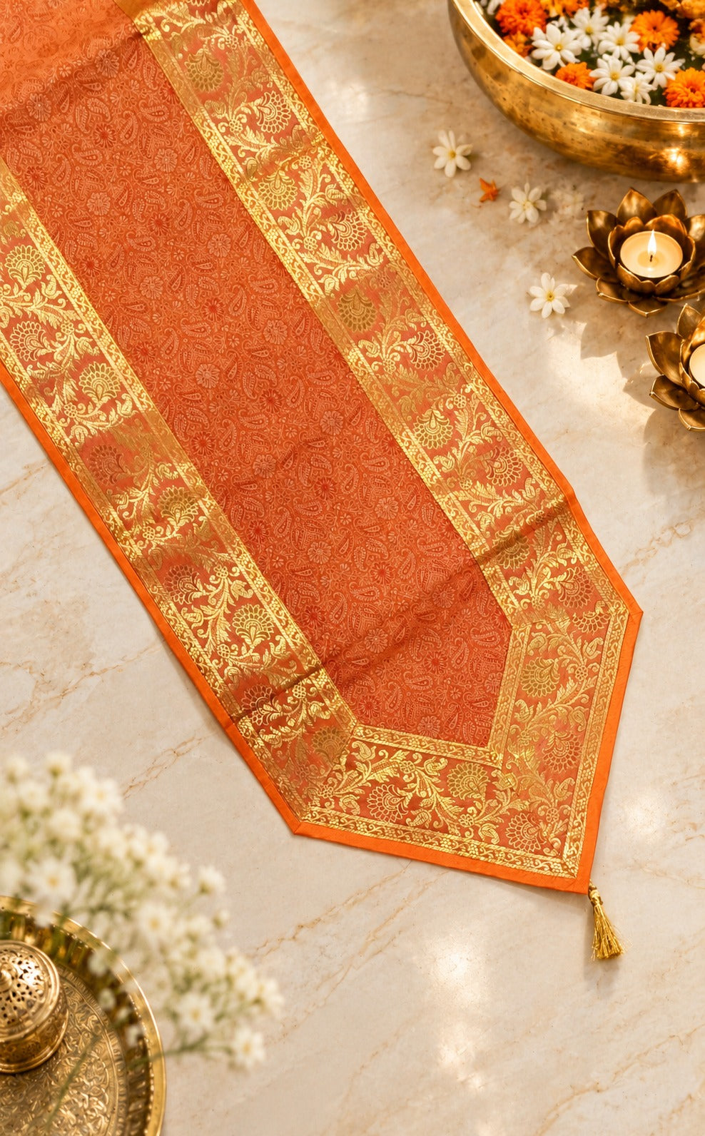 Diwali Gift Box with Banarasi Zari Table Runner, Set Of 6 Mats, 6 coaster, 6 inch Metal Urli