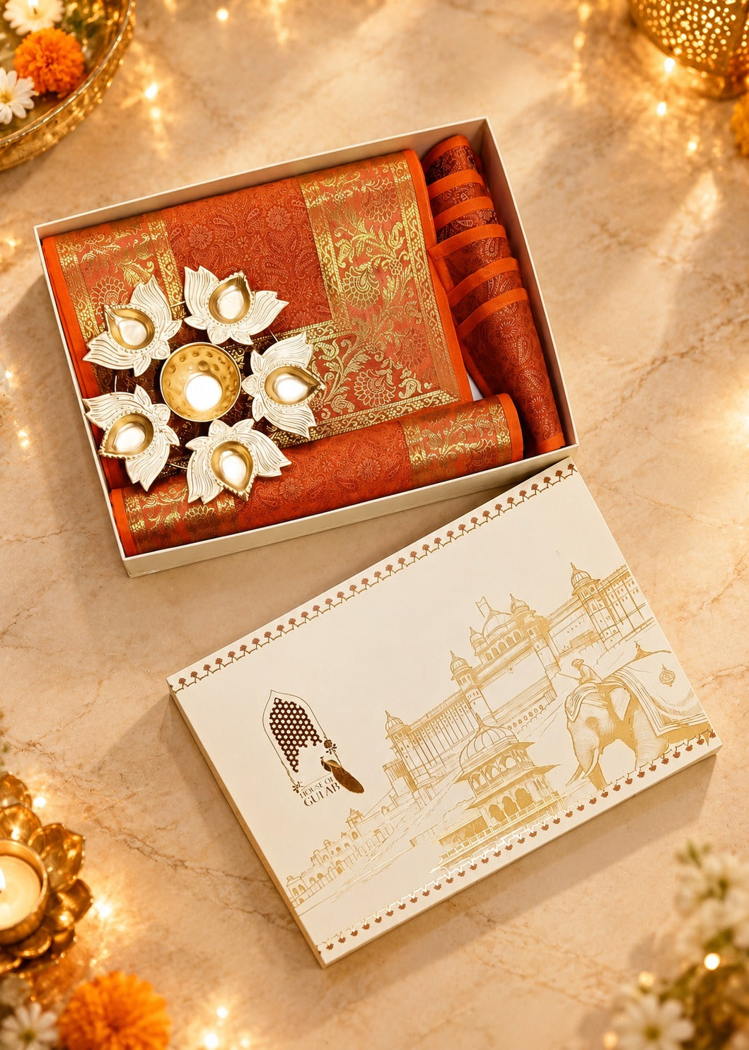 Diwali Gift Box with Banarasi Zari Table Runner, Set Of 6 Mats, 6 coaster, 6 inch Metal Urli