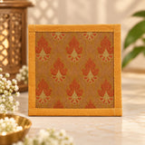 Diwali Gift Box with Banarasi Zari Table Runner, Set Of 6 Mats, 6 coaster, 6 inch Metal Urli
