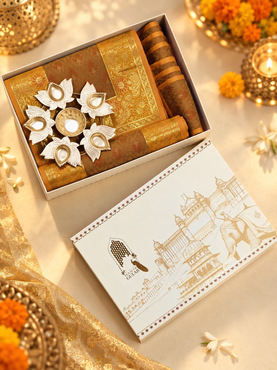 Diwali Gift Box with Banarasi Zari Table Runner, Set Of 6 Mats, 6 coaster, 6 inch Metal Urli