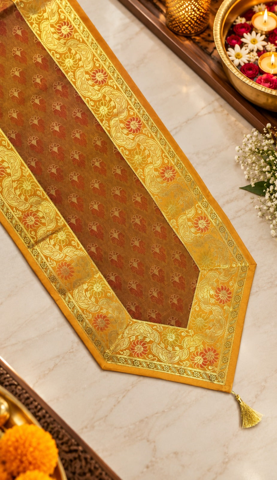 Diwali Gift Box with Banarasi Zari Table Runner, Set Of 6 Mats, 6 coaster, 6 inch Metal Urli