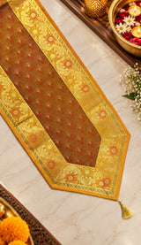 Diwali Gift Box with Banarasi Zari Table Runner, Set Of 6 Mats, 6 coaster, 6 inch Metal Urli