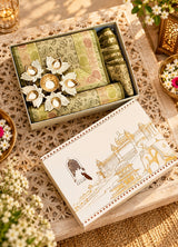 Diwali Gift Box with Banarasi Zari Table Runner, Set Of 6 Mats, 6 coaster, 6 inch Metal Urli