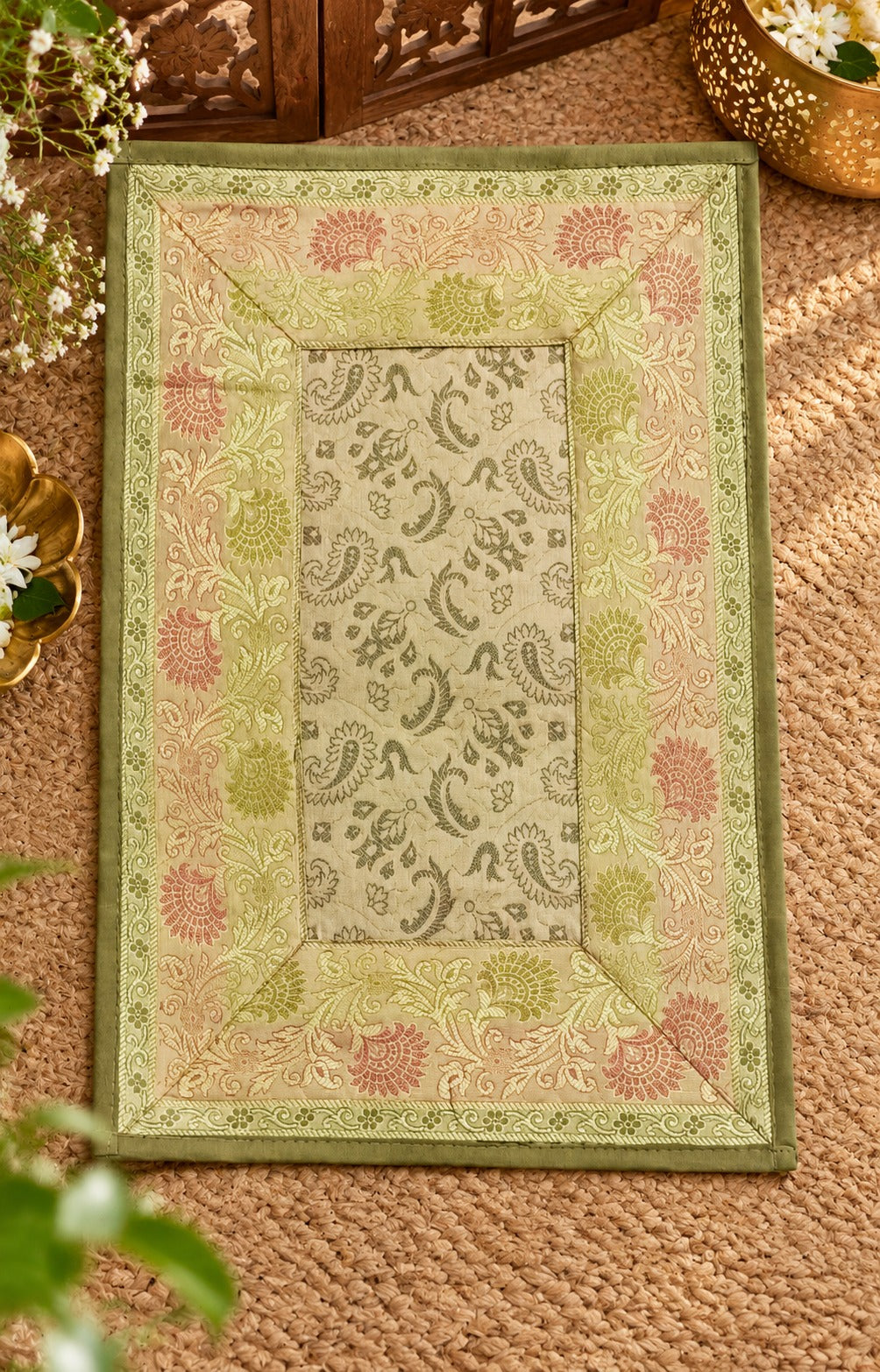 Diwali Gift Box with Banarasi Zari Table Runner, Set Of 6 Mats, 6 coaster, 6 inch Metal Urli