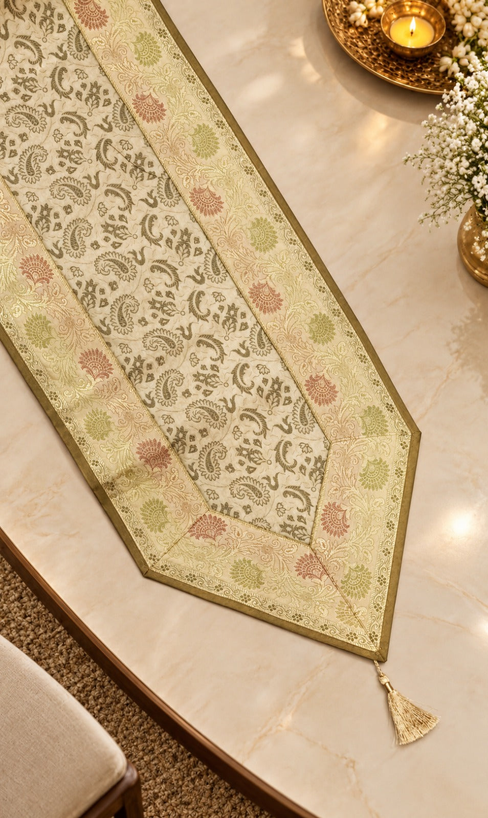 Diwali Gift Box with Banarasi Zari Table Runner, Set Of 6 Mats, 6 coaster, 6 inch Metal Urli