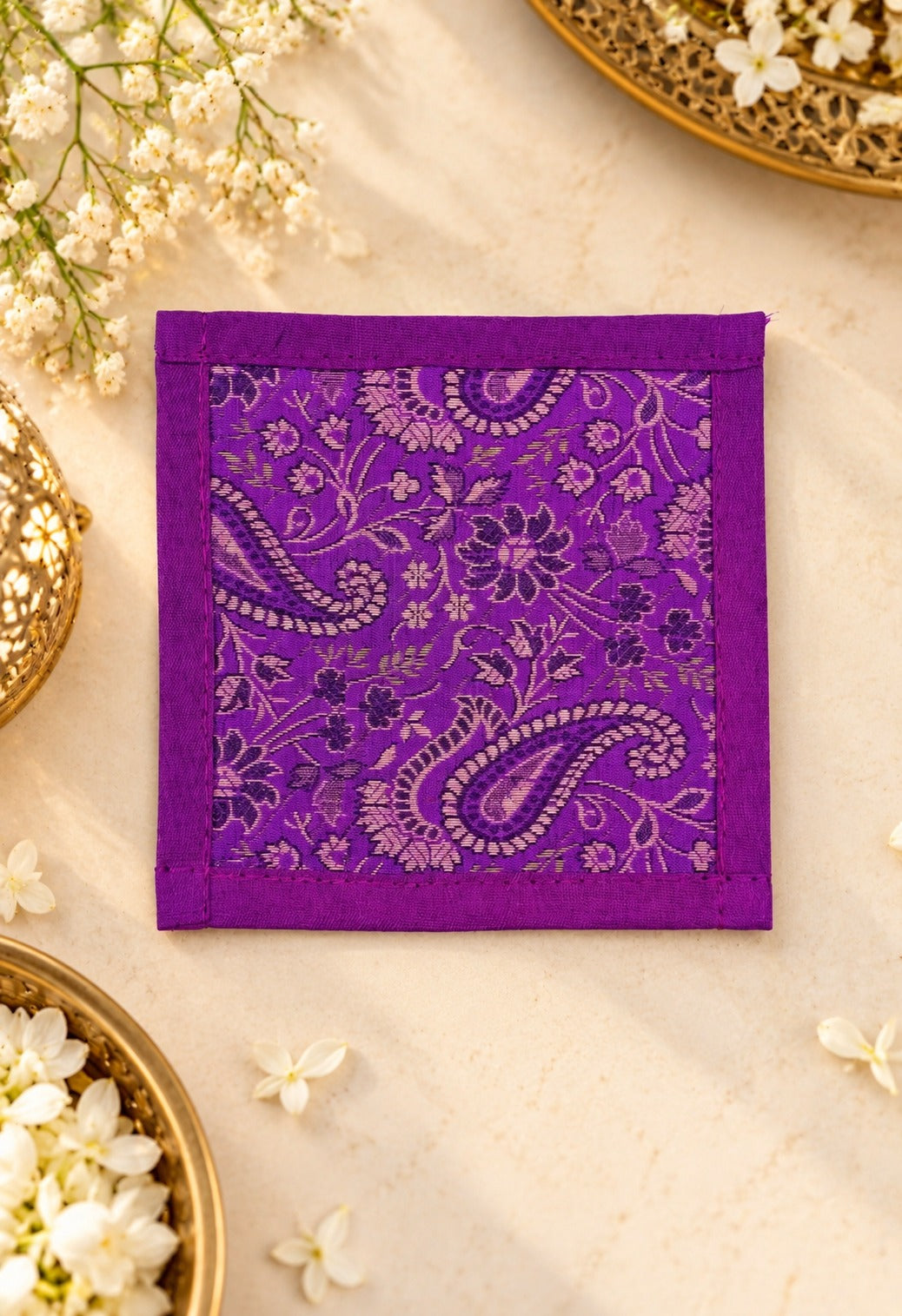 Diwali Gift Box with Banarasi Zari Table Runner, Set Of 6 Mats, 6 coaster, 6 inch Metal Urli