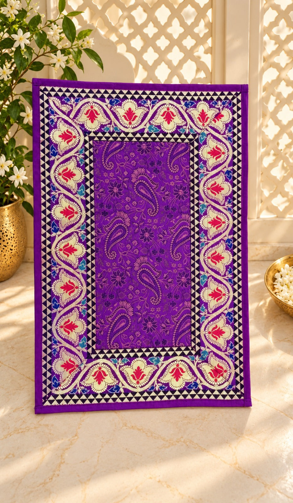 Diwali Gift Box with Banarasi Zari Table Runner, Set Of 6 Mats, 6 coaster, 6 inch Metal Urli