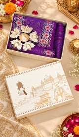 Diwali Gift Box with Banarasi Zari Table Runner, Set Of 6 Mats, 6 coaster, 6 inch Metal Urli